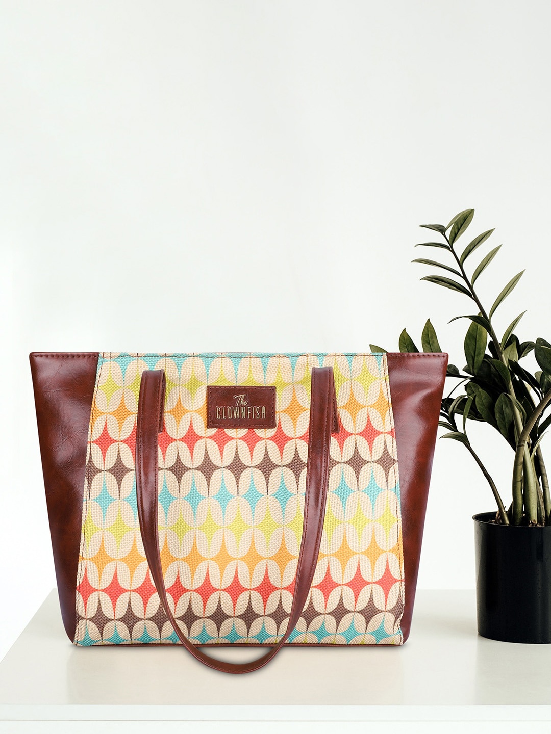 

THE CLOWNFISH Valentine Floral Printed Leather Tote Bag, Brown