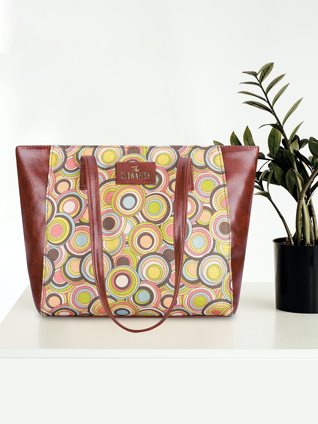 

THE CLOWNFISH Valentine Geometric Printed Leather Structured Tote Bag, Yellow