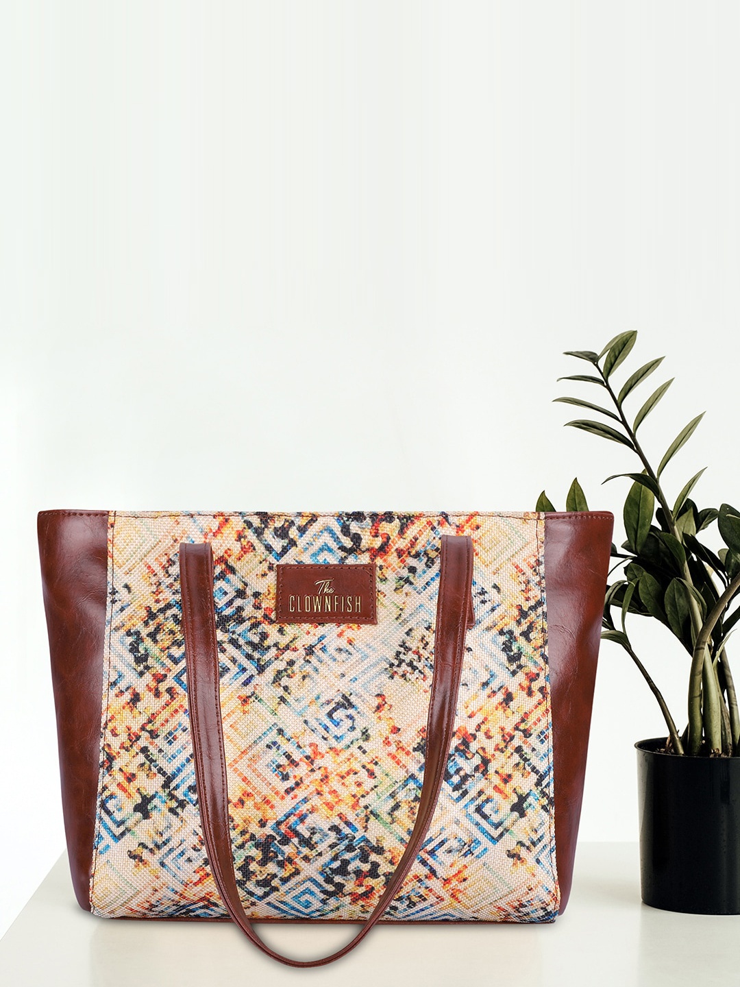 

THE CLOWNFISH Printed Leather Shopper Tote Bag, Brown