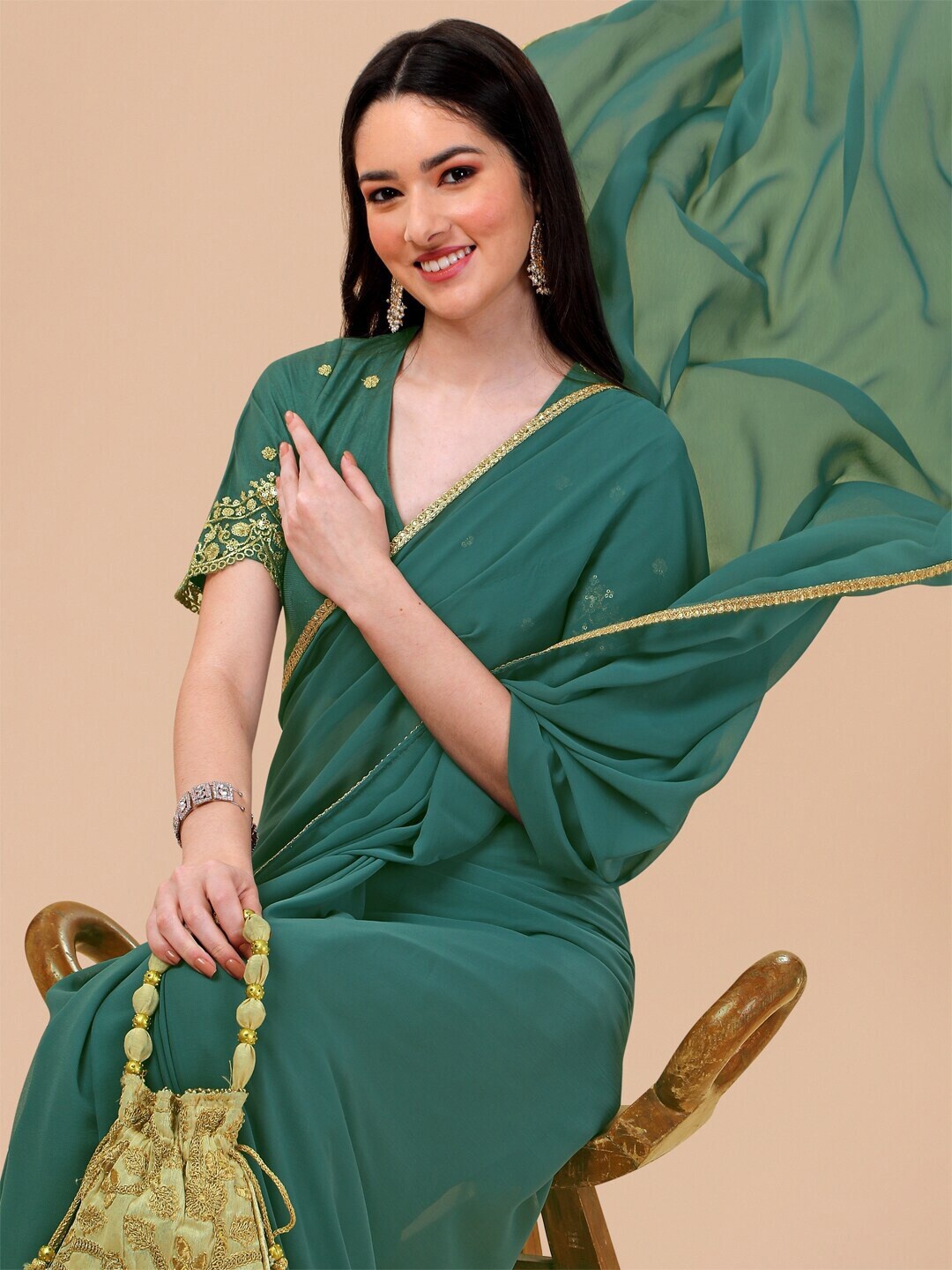 

Sangria Women Solid Bordered Saree with Embroidered Blouse Piece, Green