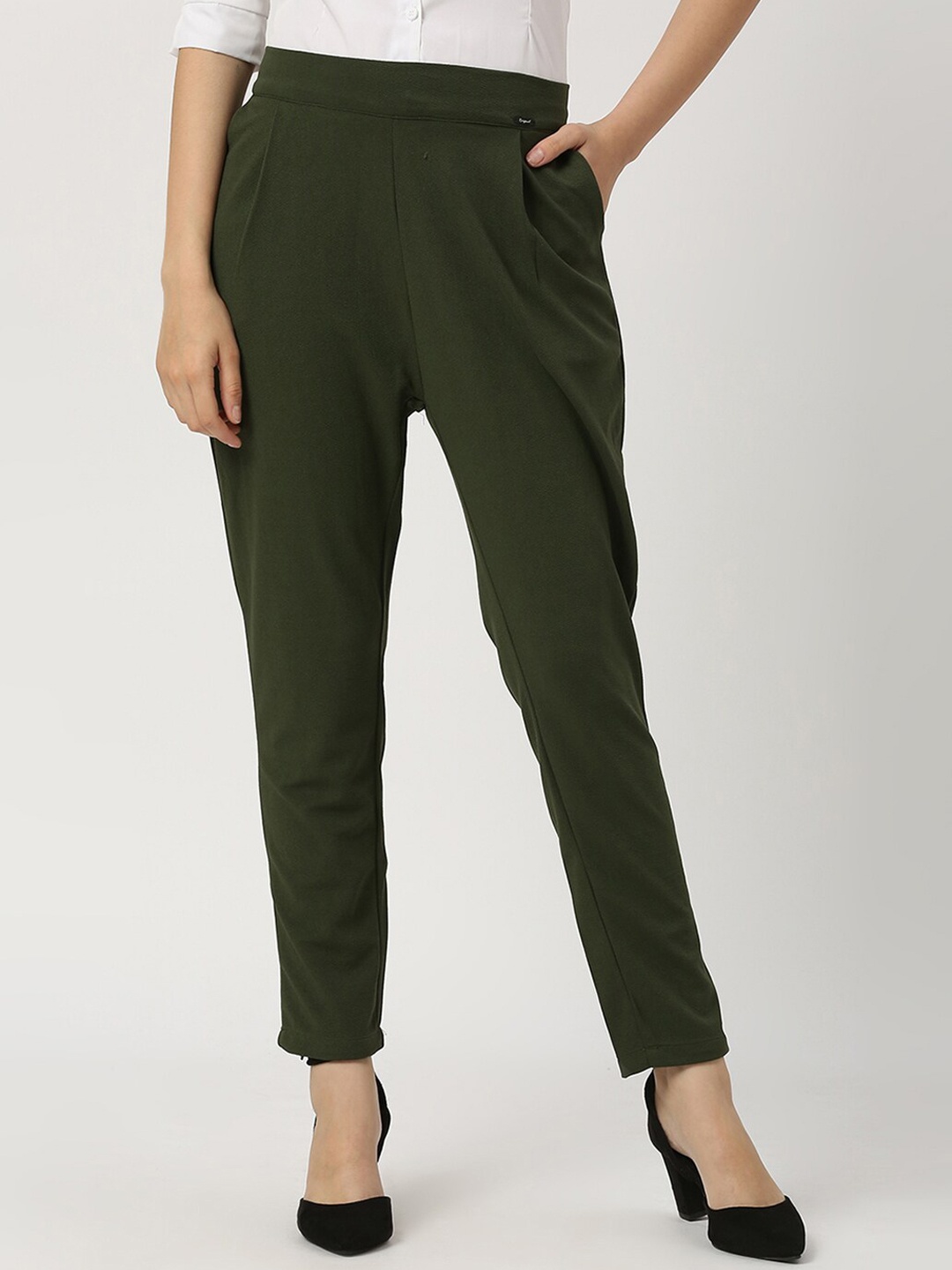 Smarty Pants Women Comfort High-Rise Easy Wash Cotton Trousers, Olive