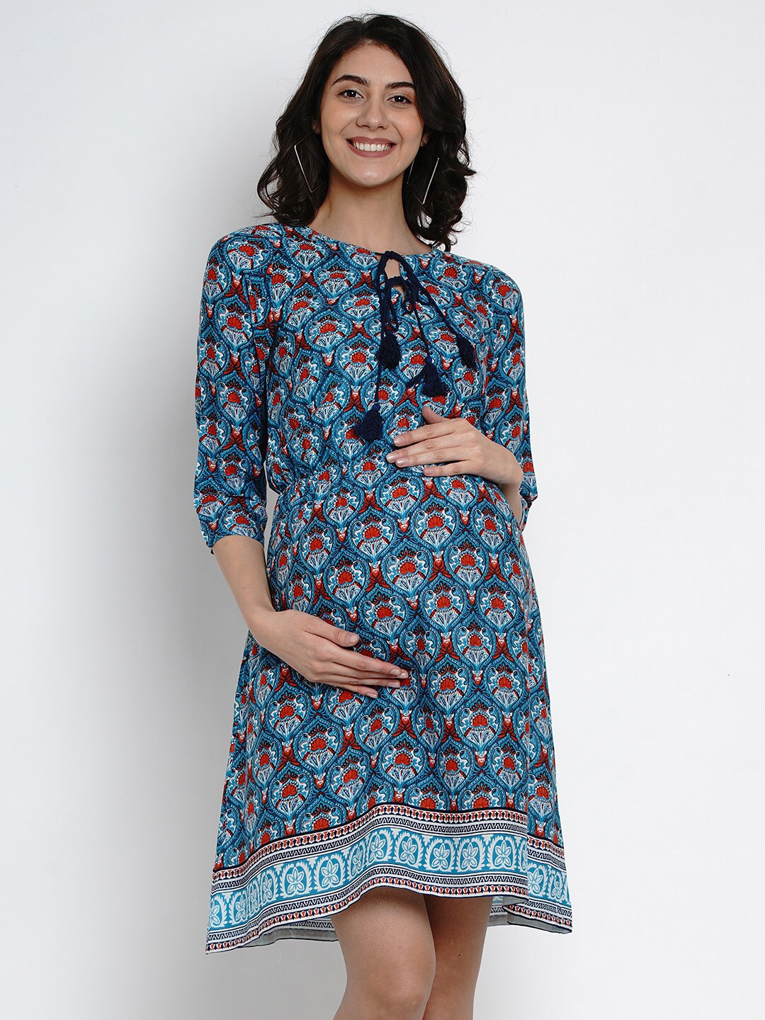 

SIDE KNOT Ethnic Motifs Printed V-Neck A-Line Maternity Dress, Multi