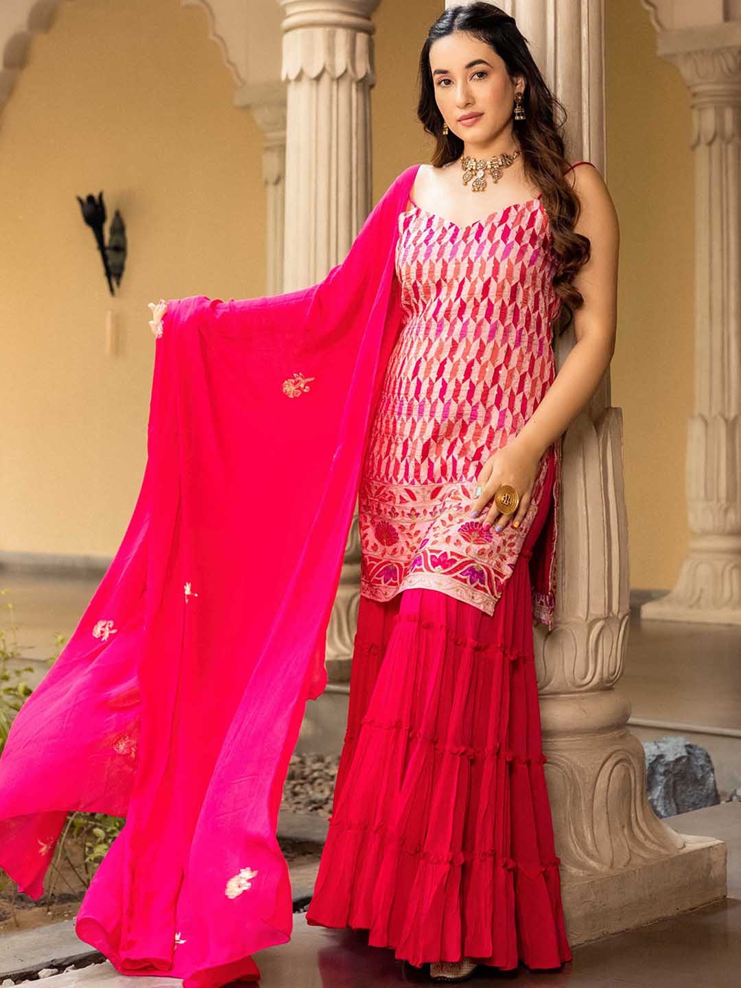 

AACHHO Geometric Printed Shoulder Straps Sequinned Kurta with Sharara with Dupatta, Pink