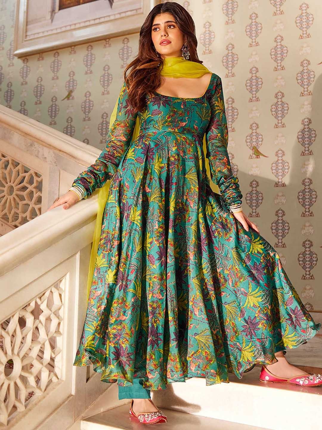 

AACHHO Floral Printed Anarkali Chanderi Silk Kurta With Churidar & Dupatta, Teal