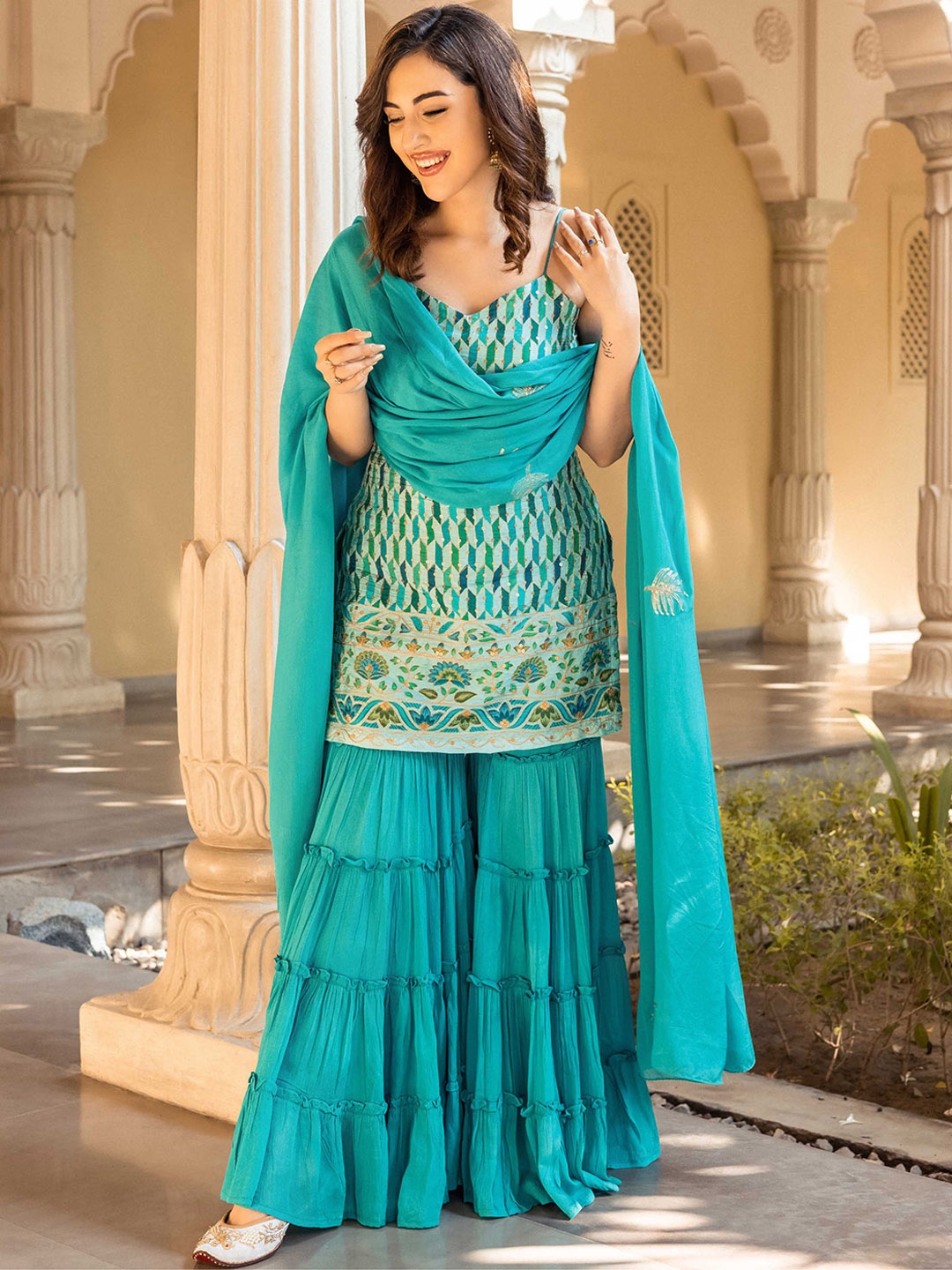 

AACHHO Geometric Printed Shoulder Straps Sequinned Kurta with Sharara with Dupatta, Turquoise blue