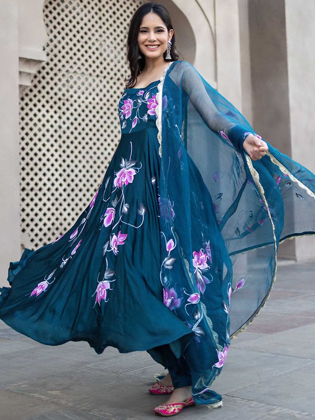 

AACHHO Floral Printed Anarkali Organza Kurta With Churidar & Dupatta, Teal