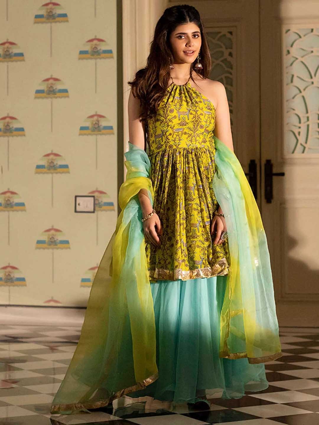 

AACHHO Floral Printed Anarkali Chanderi Silk Kurta With Sharara & Dupatta, Yellow