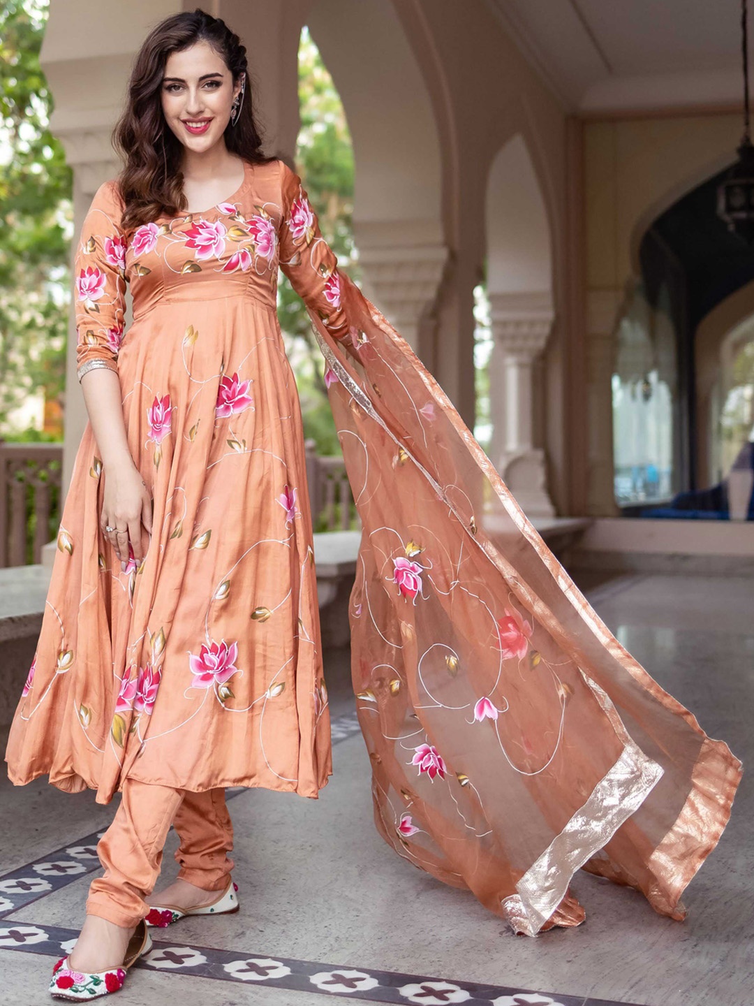 

AACHHO Floral Printed Anarkali Satin Kurta With Trousers & Dupatta, Peach