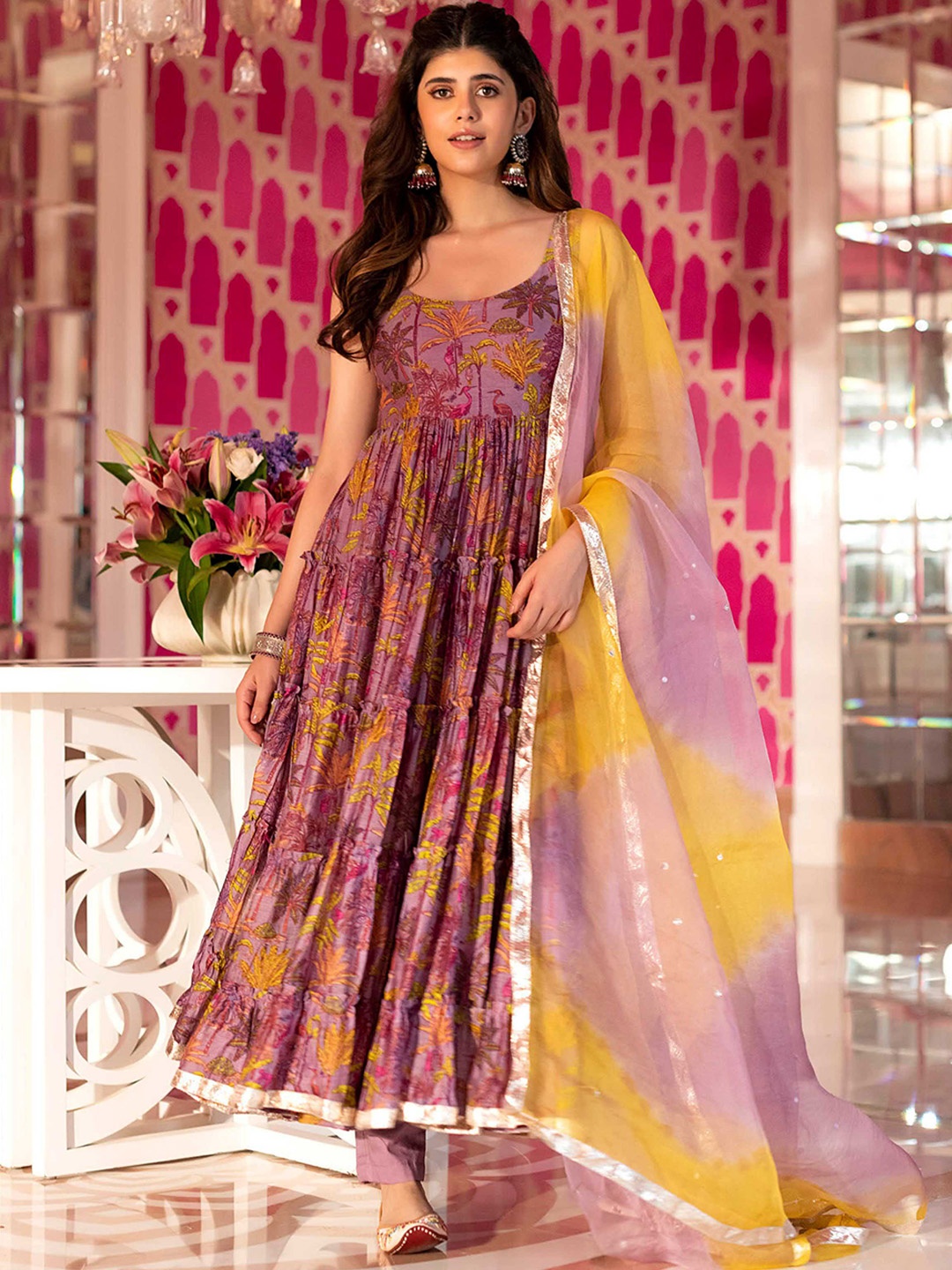 

AACHHO Floral Printed Tiered Chanderi Silk Kurta With Trousers & Dupatta, Purple