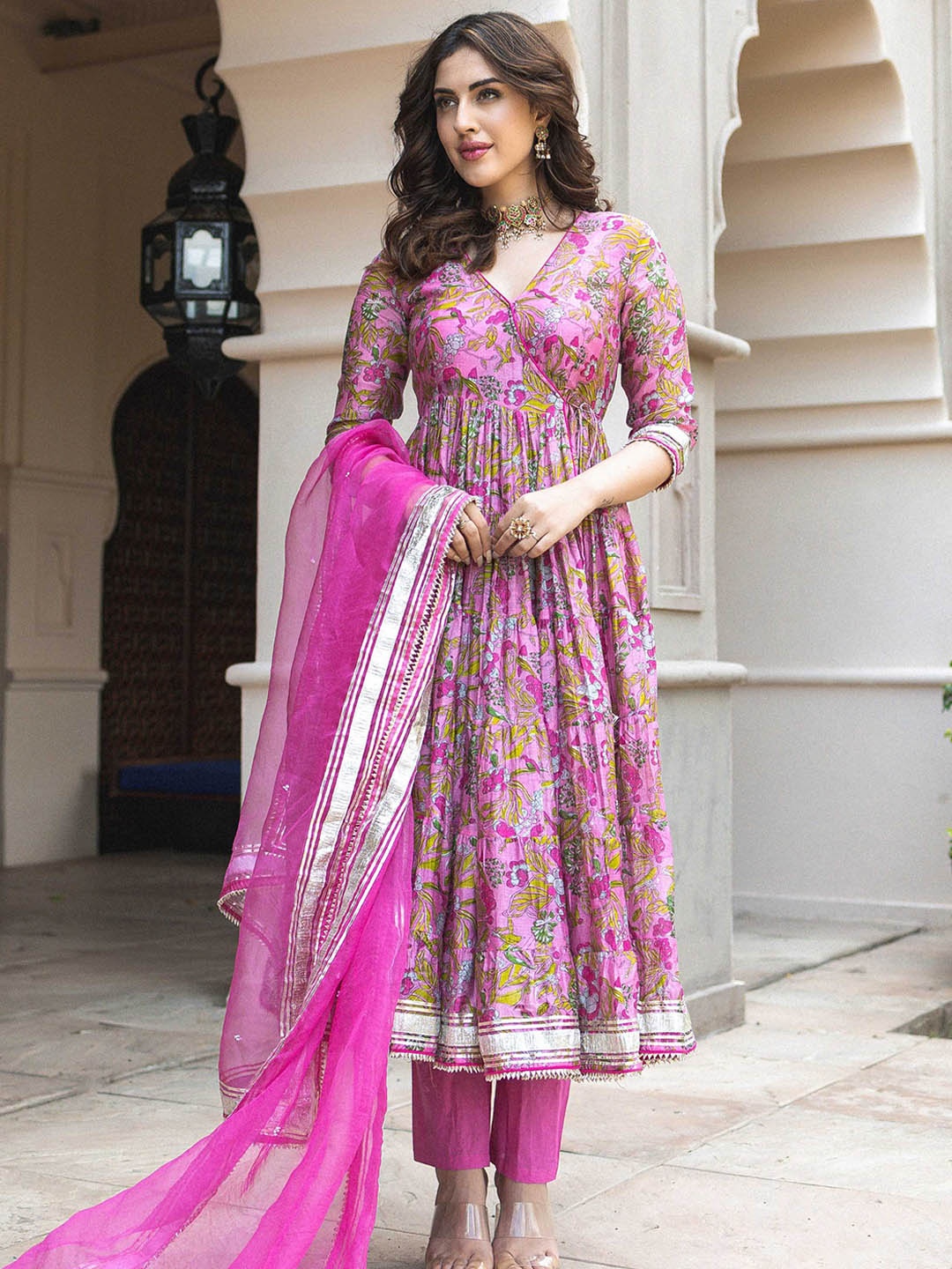 

AACHHO Floral Printed Gotta Patti Anarkali Chanderi Silk Kurta With Trousers & Dupatta, Pink