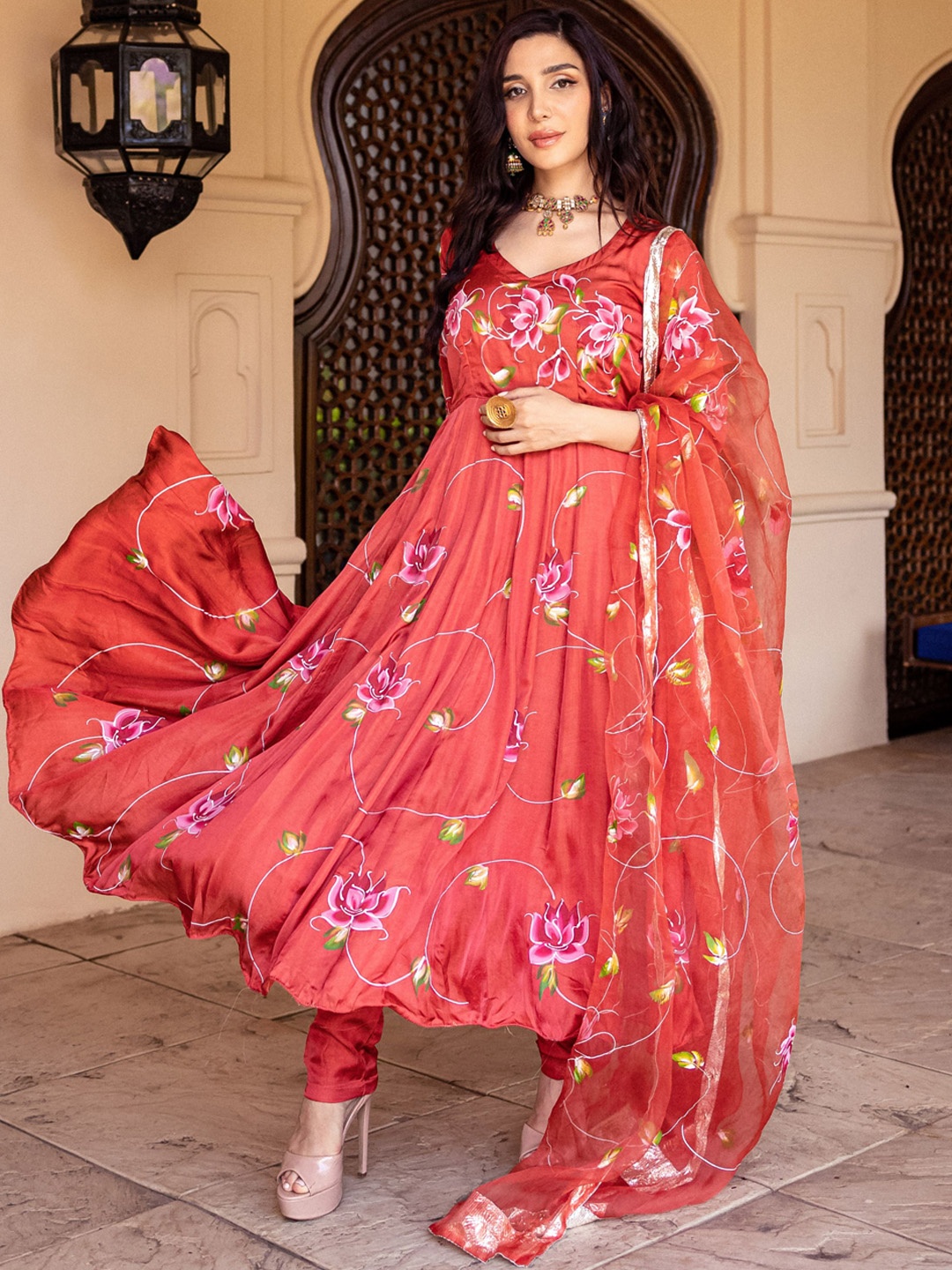 

AACHHO Floral Printed Anarkali Satin Kurta With Trousers & Dupatta, Red