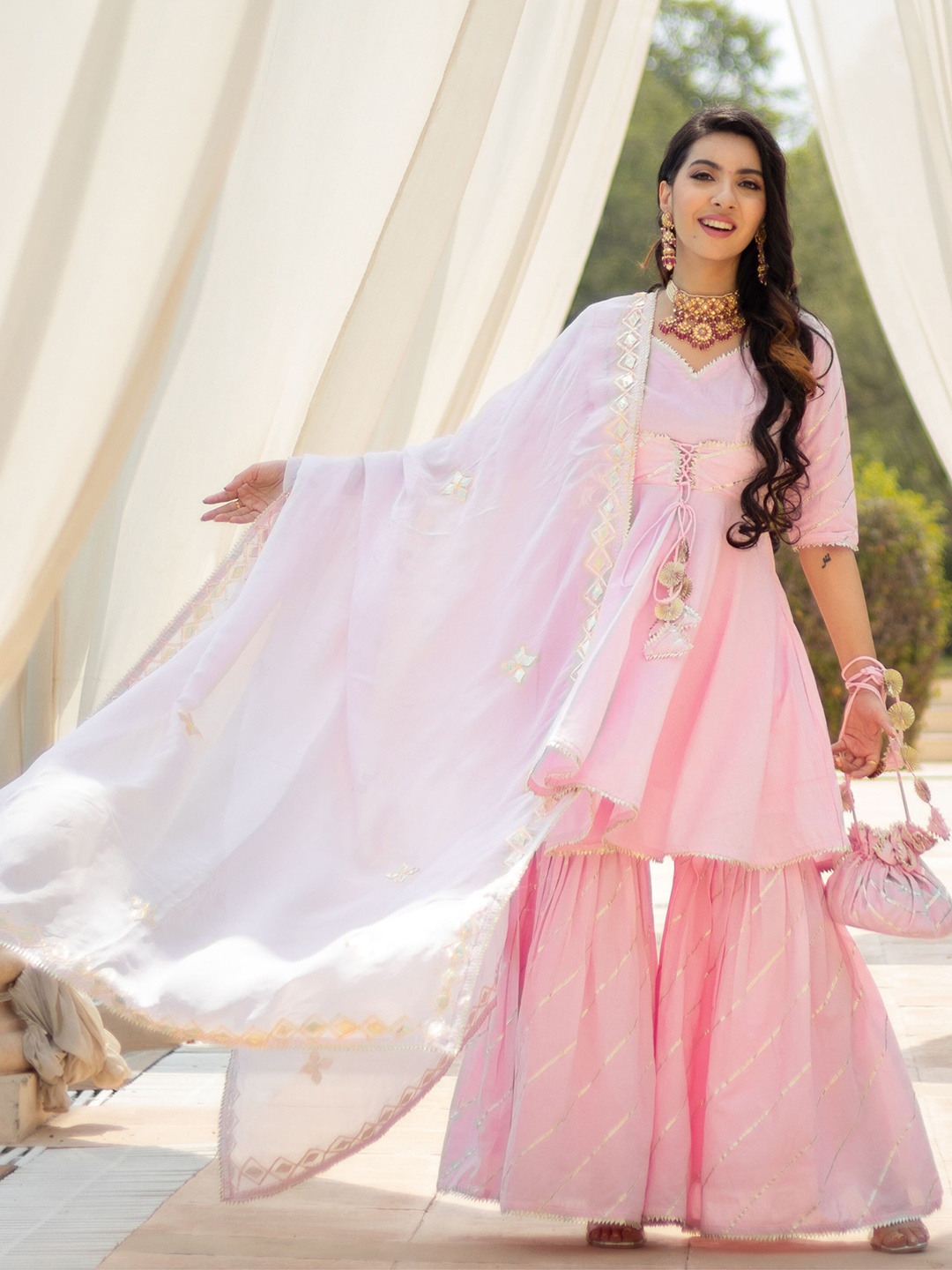 

AACHHO Gotta Patti A-Line Pure Cotton Kurta With Sharara & Dupatta, Pink