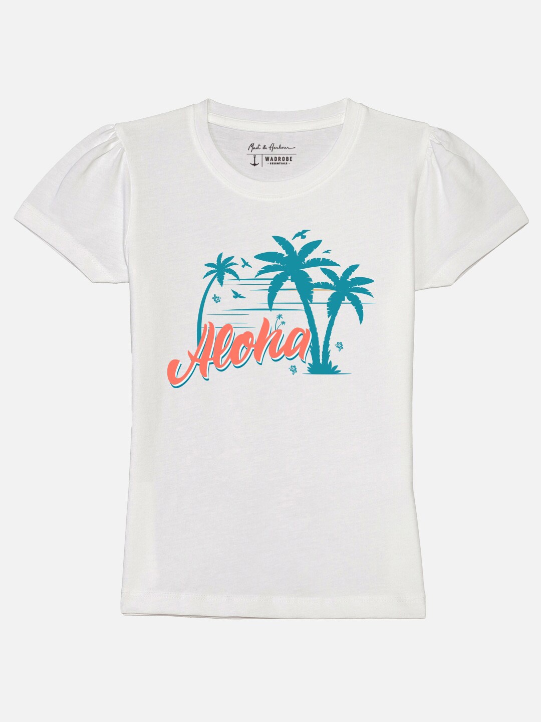 M&H Juniors Girls White Tropical Printed Puff Sleeves Pure Cotton T-shirt