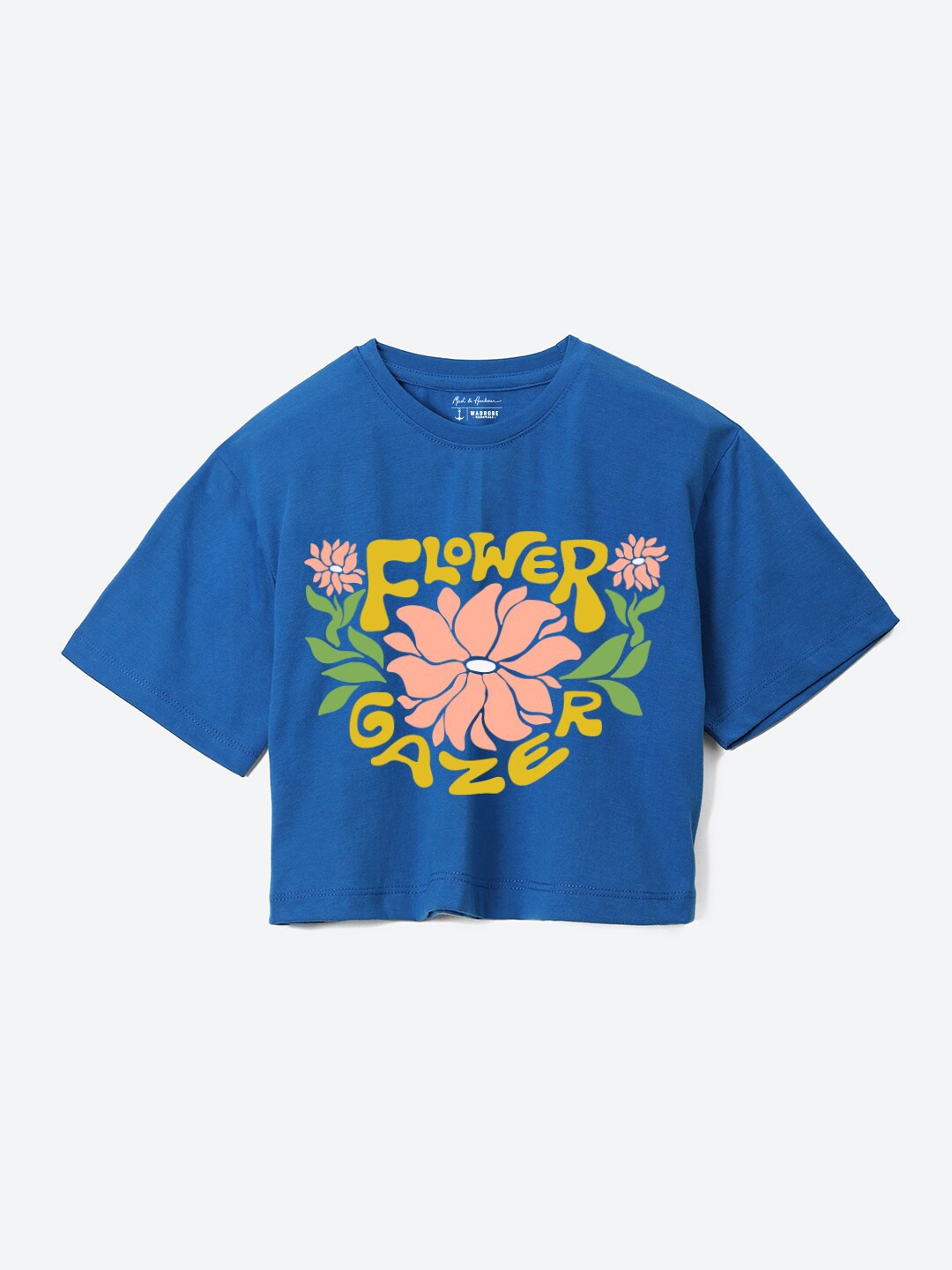 

M&H Juniors Girls Floral Printed Crop Pure Cotton Boxy T-shirt, Blue