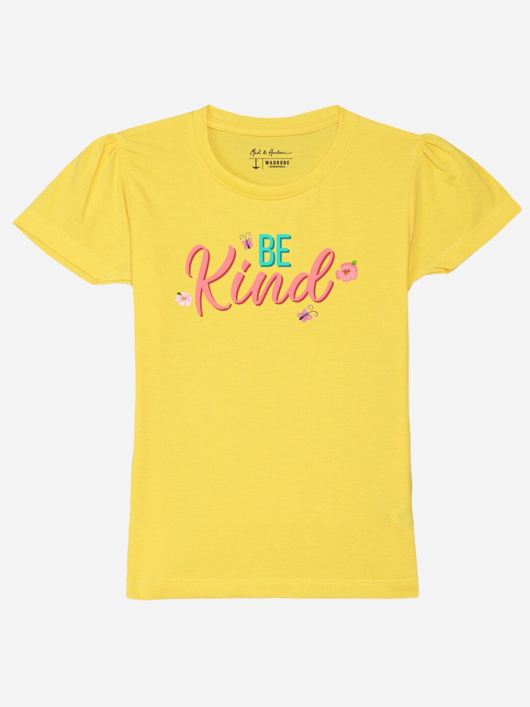 

M&H Juniors Girls Typography Printed Puff Sleeves Pure Cotton T-shirt, Yellow