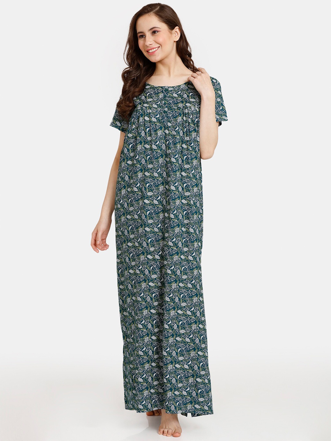 

Rosaline by Zivame Floral Printed Round Neck Maxi Nightdress, Green