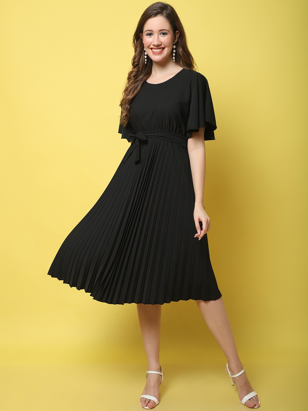 

Fabflee Flared Sleeve Fit & Flare Midi Dress, Black