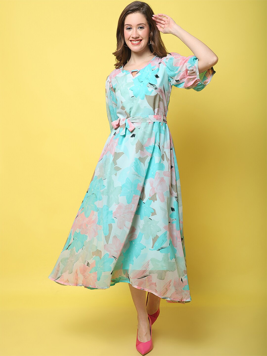 

Fabflee Floral Georgette A-Line Maxi Dress, Blue