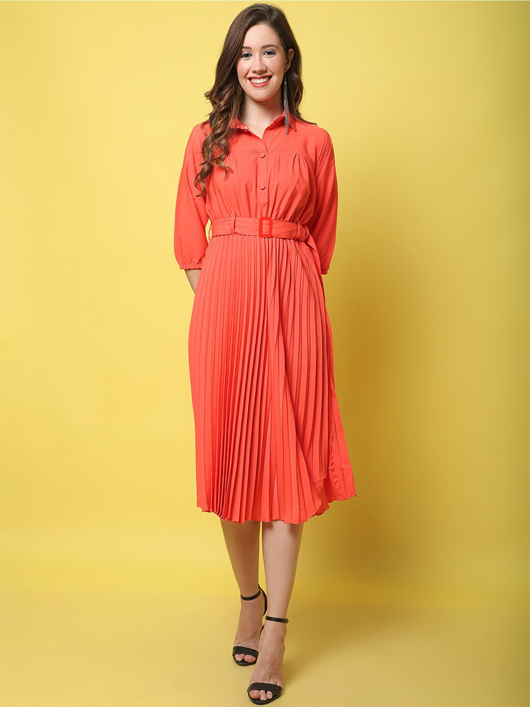 

Fabflee Shirt Collar Fit and Flare Dress, Orange