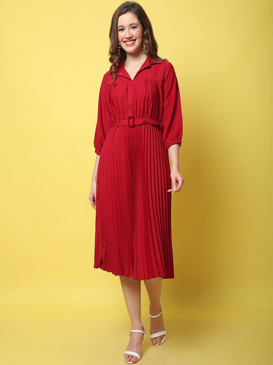 

Fabflee Shirt Collar Fit and Flare Dress, Red