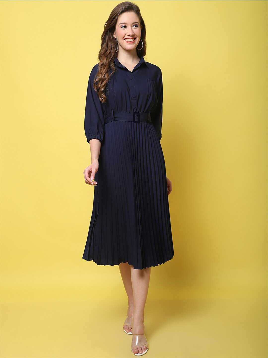 

Fabflee Shirt Collar Fit & Flare Midi Dress, Blue