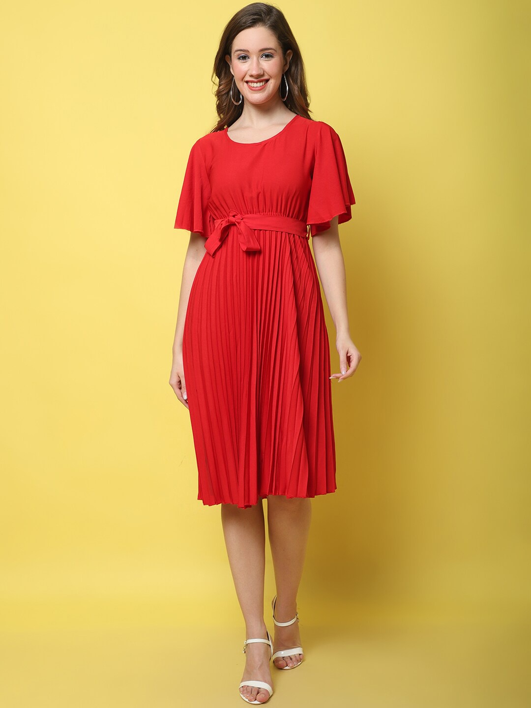 

Fabflee Flared Sleeve Fit and Flare Dress, Red