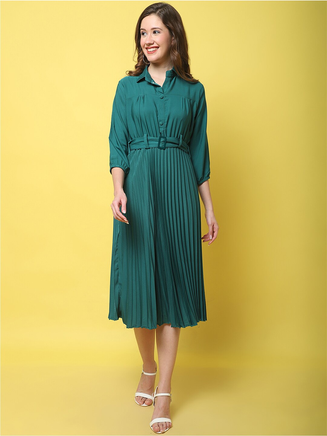 

Fabflee Shirt Collar Fit and Flare Dress, Turquoise blue