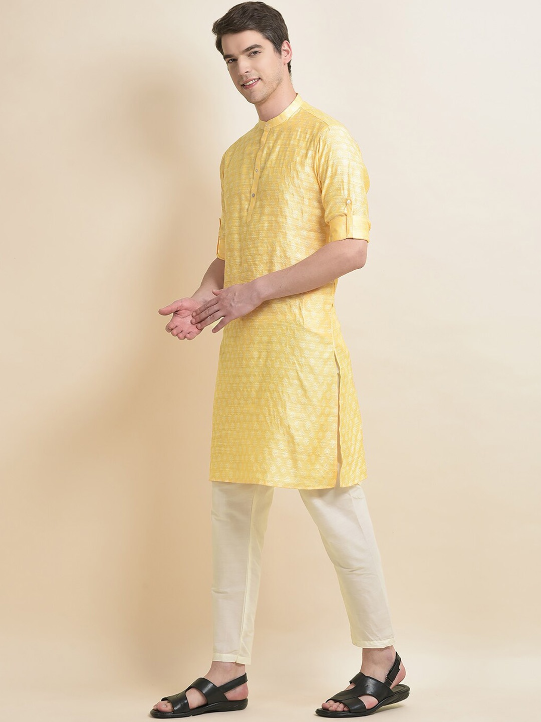 

Anouk Yellow Ethnic Motifs Woven Design Band Collar Kurta With Pyjamas