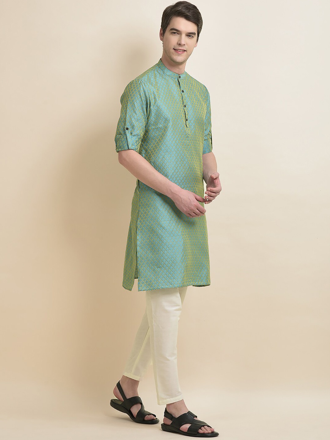

Anouk Blue & Beige Ethnic Motifs Woven Design Kurta With Pyjamas