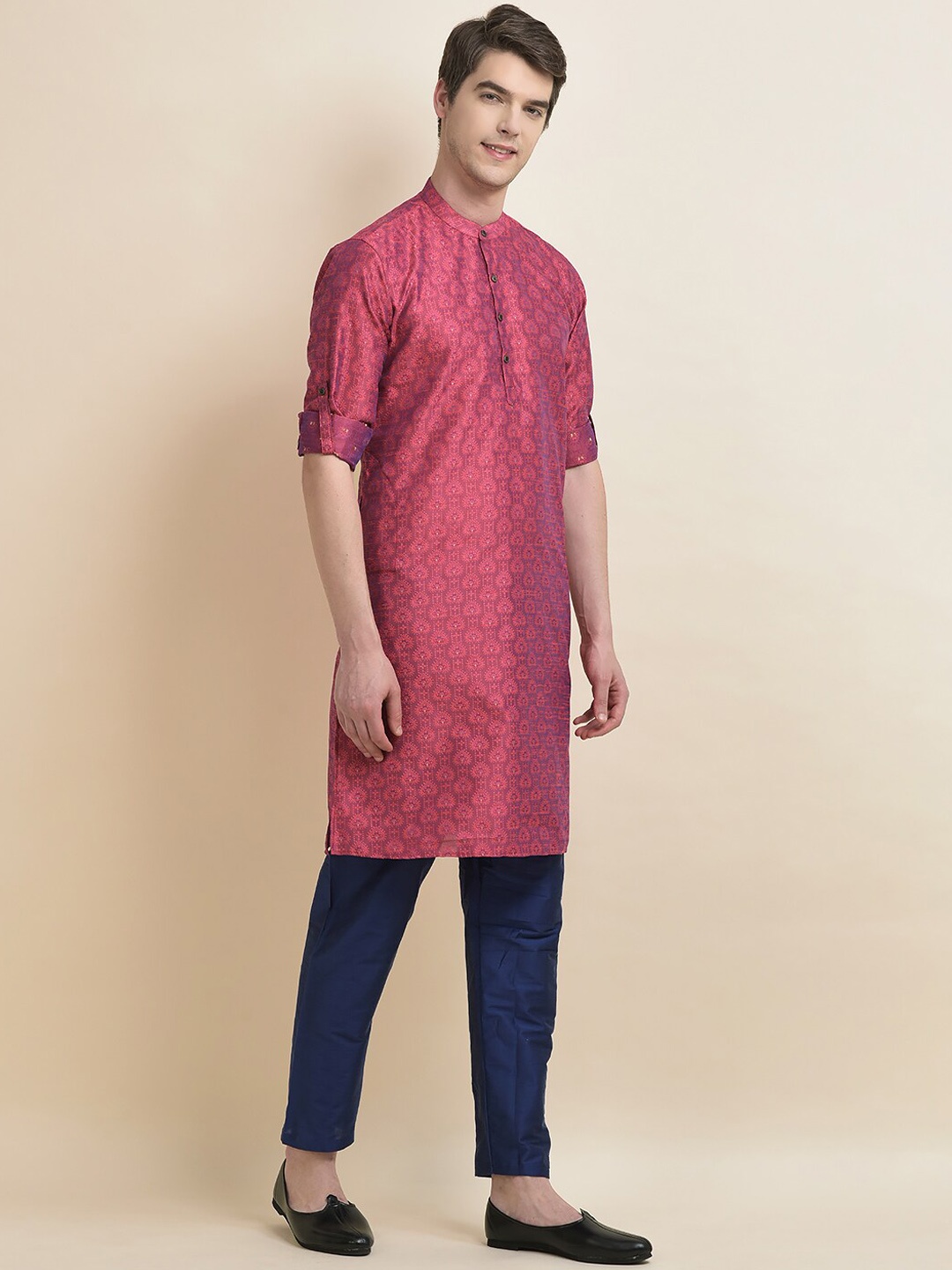 

Anouk Ethnic Motifs Woven Design Band Collar Straight Kurta With Pyjamas, Pink