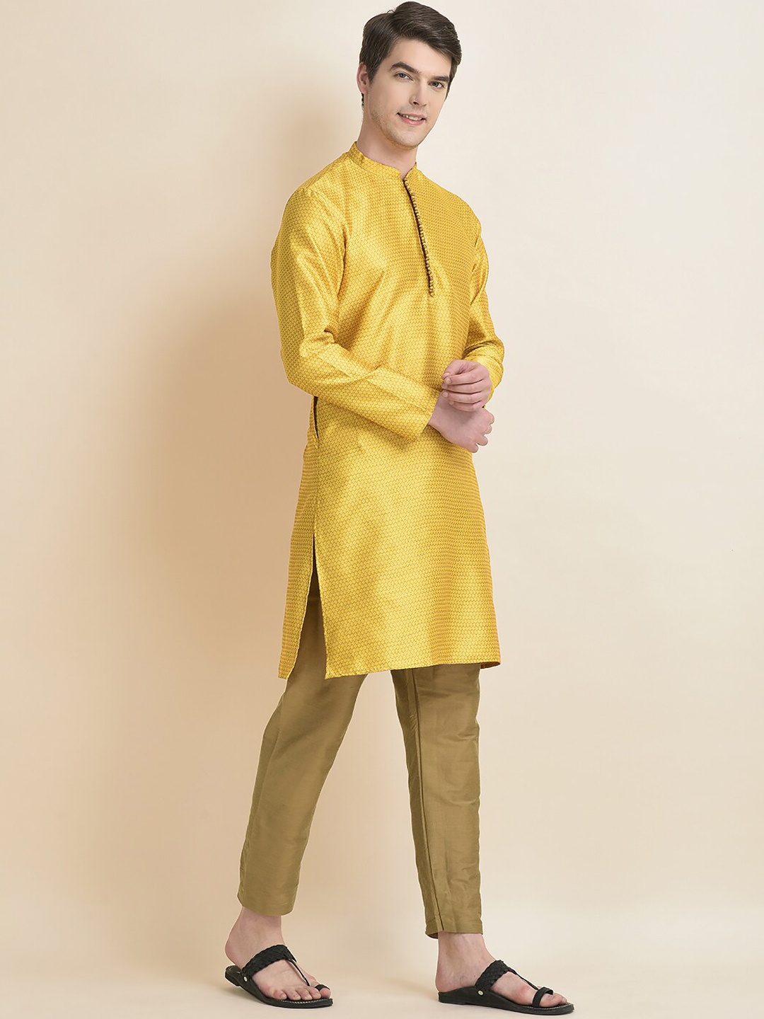 

Anouk Ethnic Motifs Woven Design Band Collar Straight Kurta With Pyjamas, Yellow
