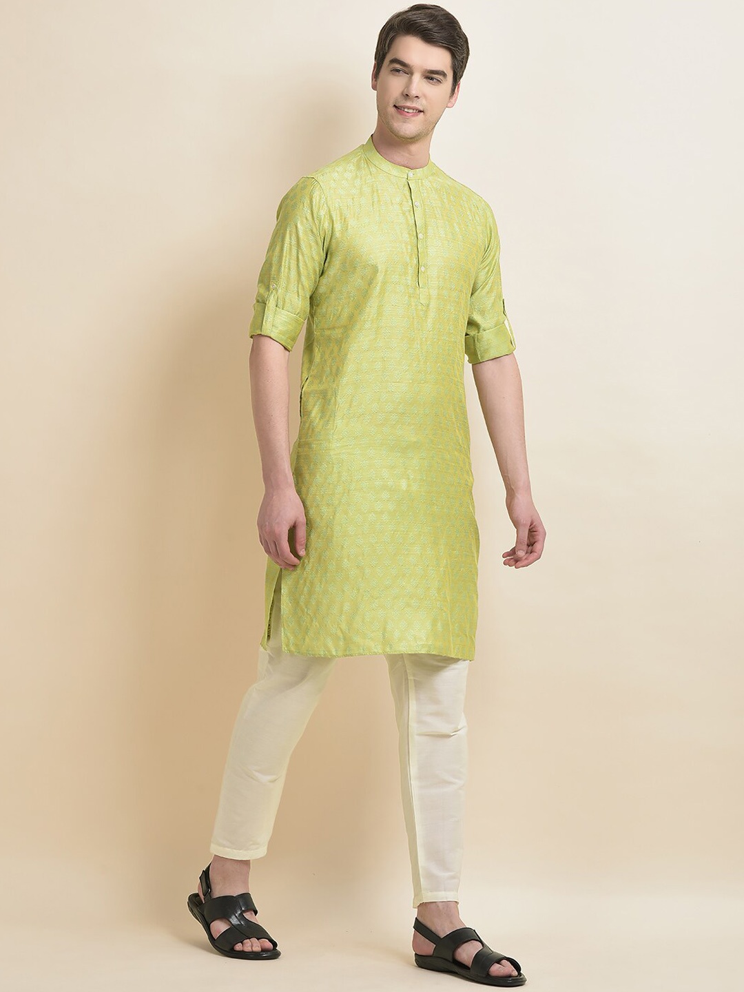 

Anouk Ethnic Motifs Woven Design Band Collar Straight Kurta With Pyjamas, Green