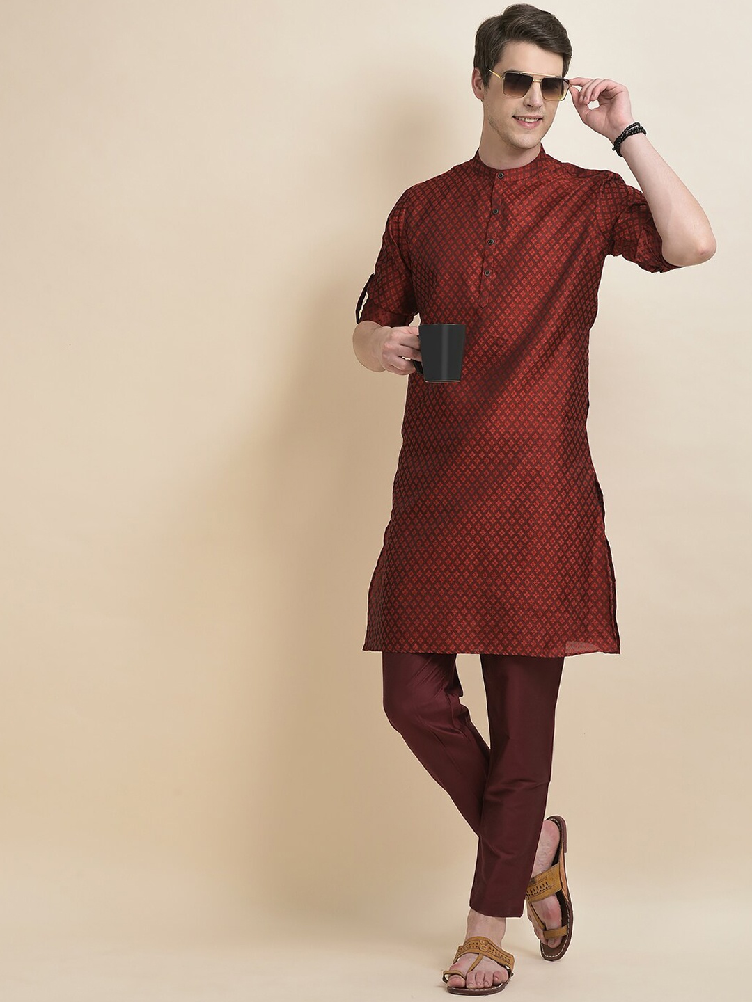 

Anouk Ethnic Motifs Woven Design Band Collar Straight Kurta With Pyjamas, Red