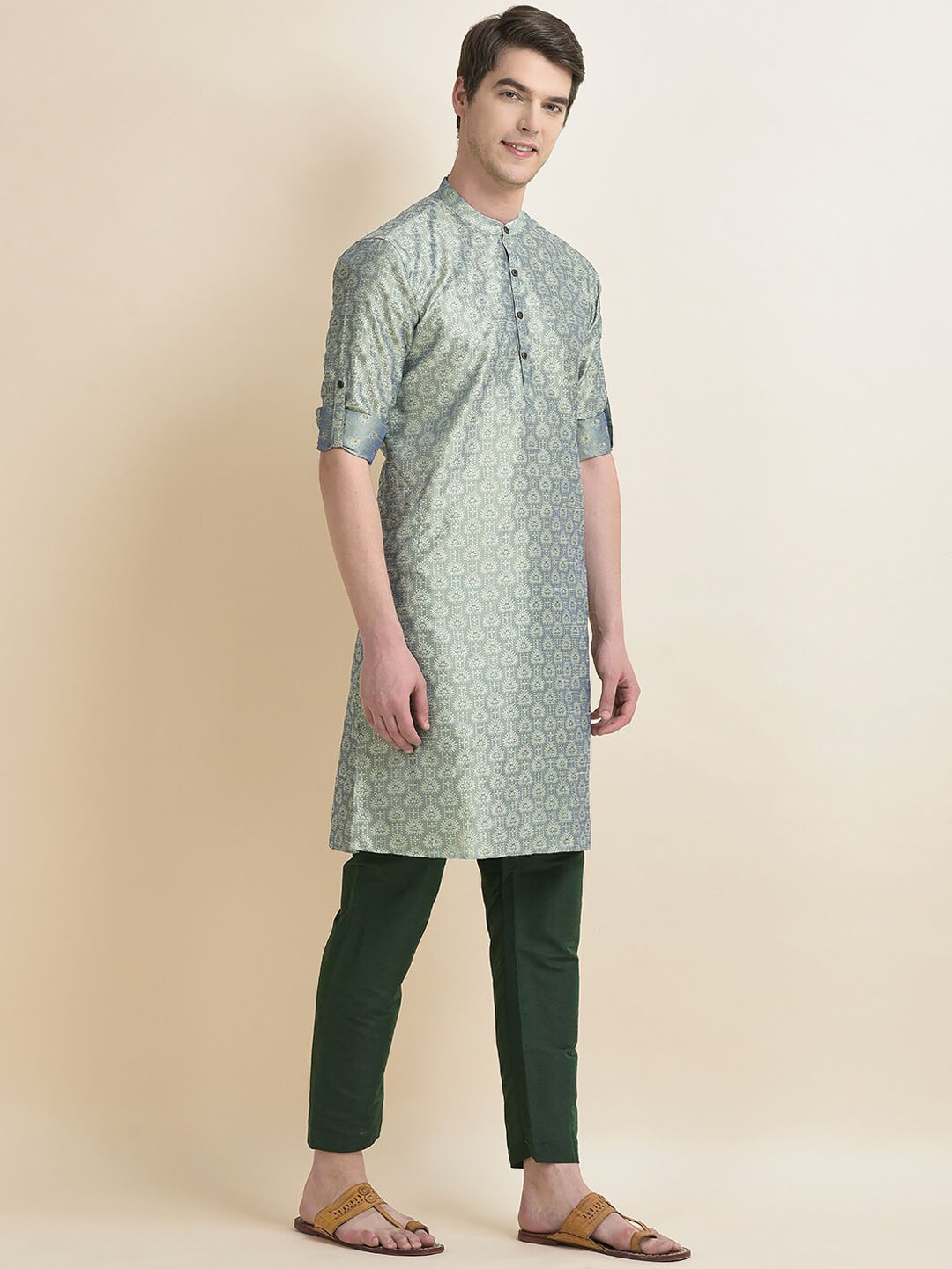 

Anouk Ethnic Motifs Woven Design Band Collar Straight Kurta With Pyjamas, Green