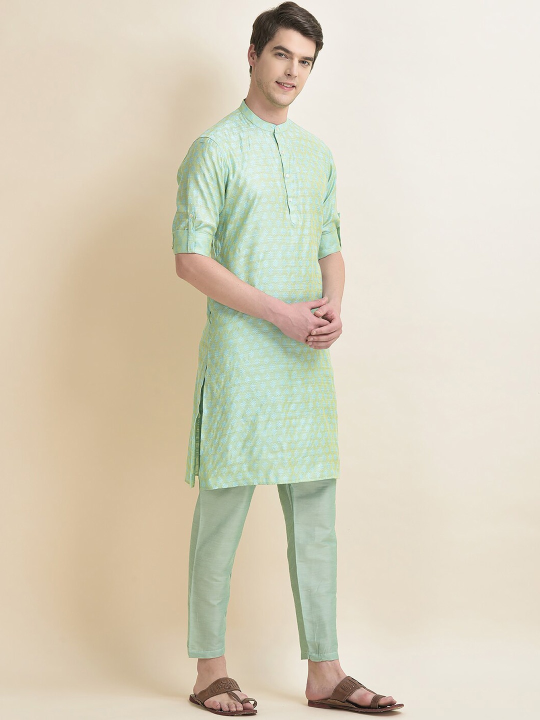 

Anouk Ethnic Motifs Woven Design Band Collar Straight Kurta With Pyjamas, Blue