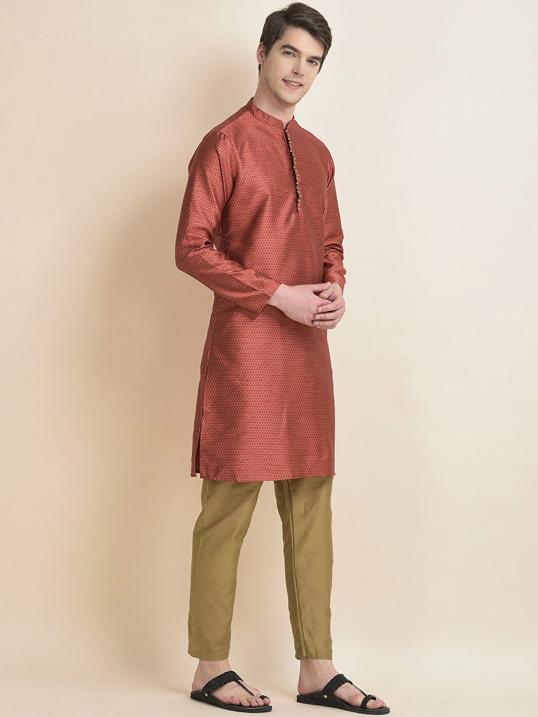

Anouk Ethnic Motifs Woven Design Band Collar Straight Kurta With Pyjamas, Red
