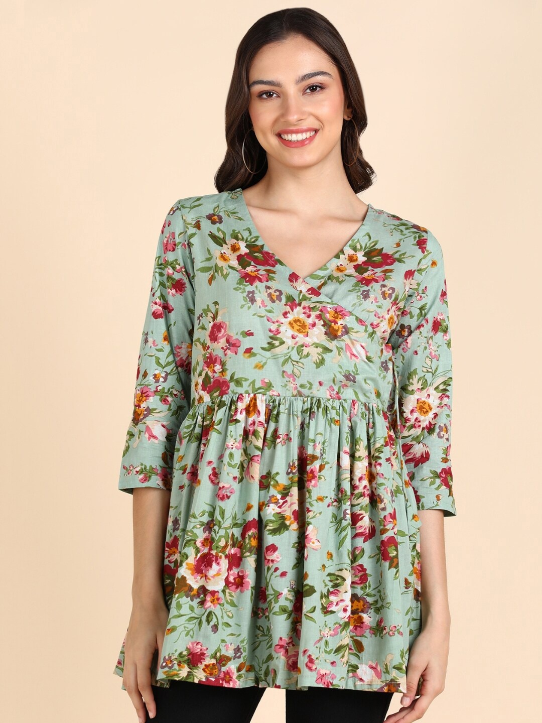 

VEDANA Floral Printed V-Neck Cotton Wrap Top, Green