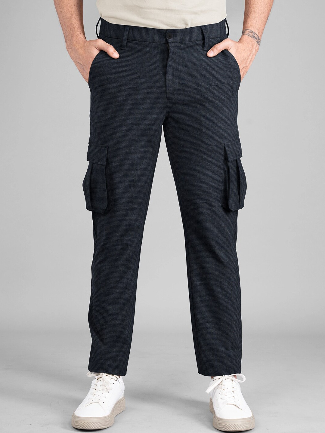 

The Pant Project Men Blue Tailored Slim Fit Wrinkle Free Cargos Trousers