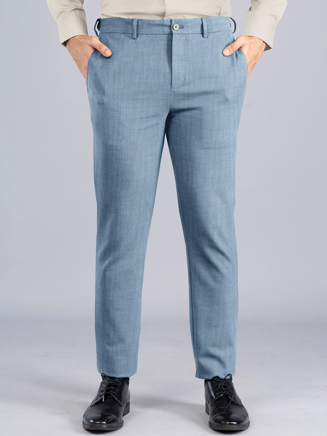 

The Pant Project Men Mid-Rise Tailored Slim Fit Textured Wrinkle Free Formal Trousers, Blue