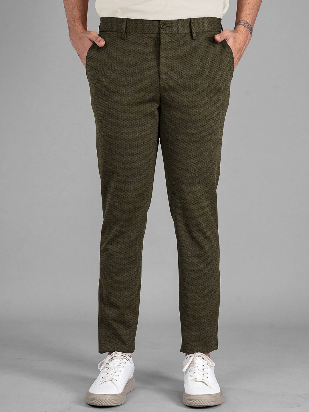 

The Pant Project Men Mid-Rise Tailored Slim Fit Wrinkle Free Trousers, Green