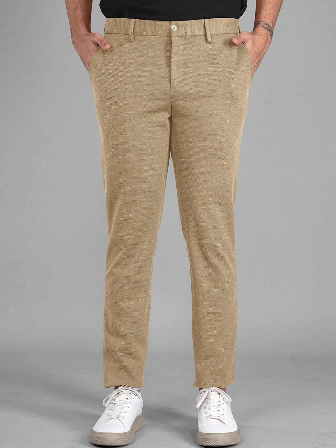 

The Pant Project Men Mid-Rise Tailored Slim Fit Wrinkle Free Trousers, Brown