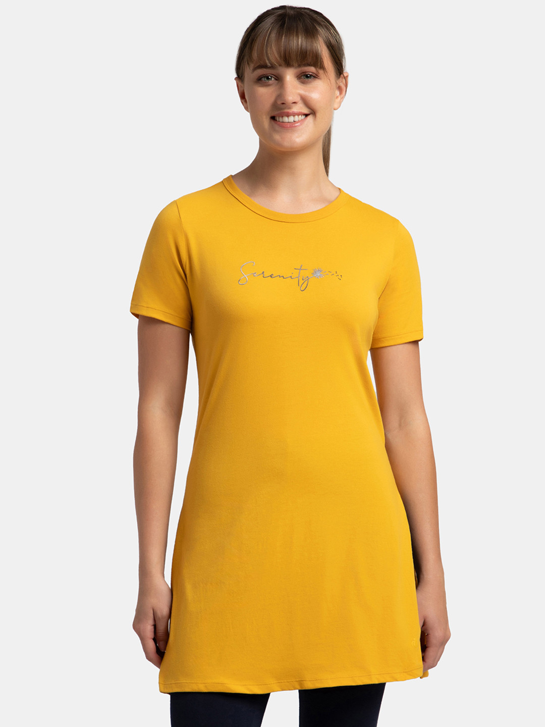 

Jockey Super Combed Cotton Printed Relaxed Fit Long T-shirt With Side Slit-A142, Yellow