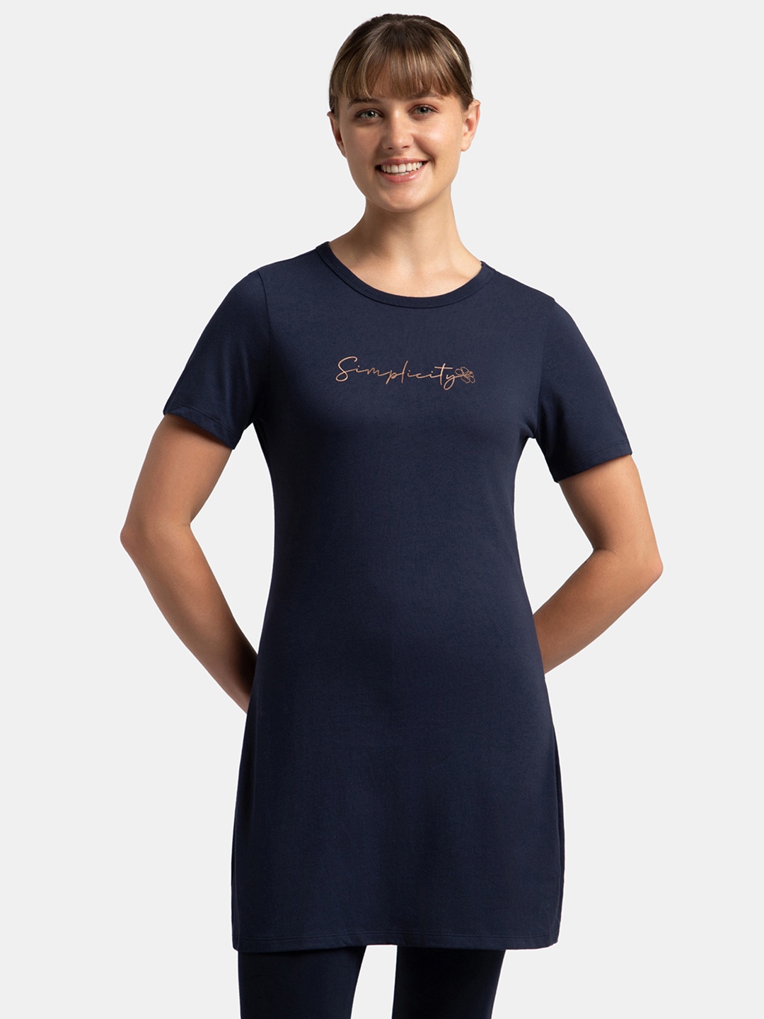 

Jockey Super Combed Cotton Printed Relaxed Fit Long T-shirt With Side Slit-A142, Navy blue