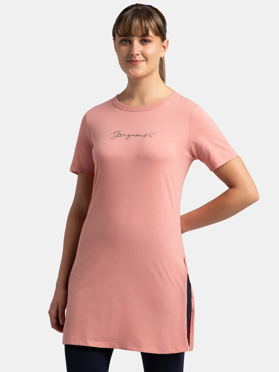 

Jockey Super Combed Cotton Printed Relaxed Fit Long T-shirt With Side Slit-A142, Pink