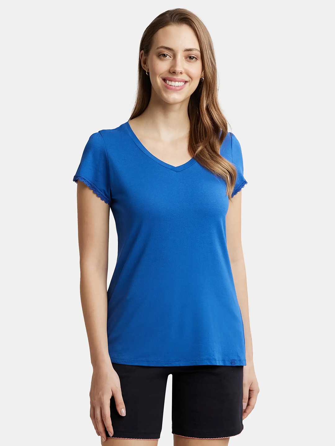 

Jockey Micro Modal Cotton Relaxed Fit Solid V Neck Half Sleeve Tshirt -RX12, Blue