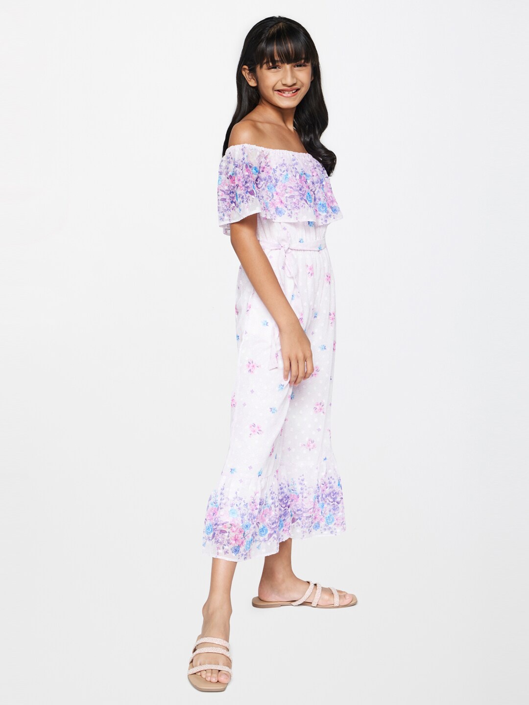 

Global Desi Girls Off-Shoulder Printed Basic Jumpsuit, White