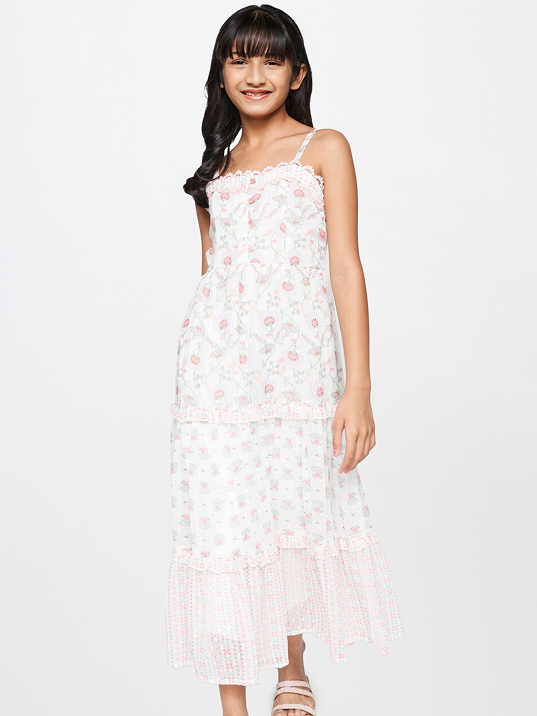 

Global Desi Girls Floral Printed Shoulder Strap Tiered A-Line Dress, Off white