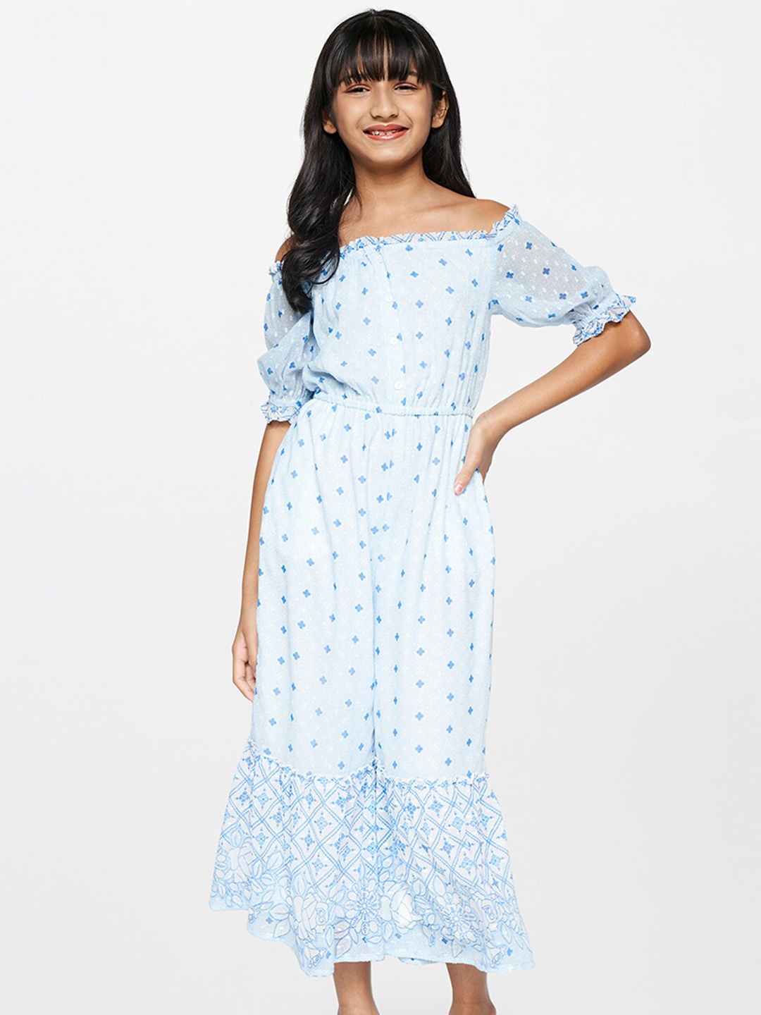 

Global Desi Girls Geometric Printed Basic Jumpsuit, Blue