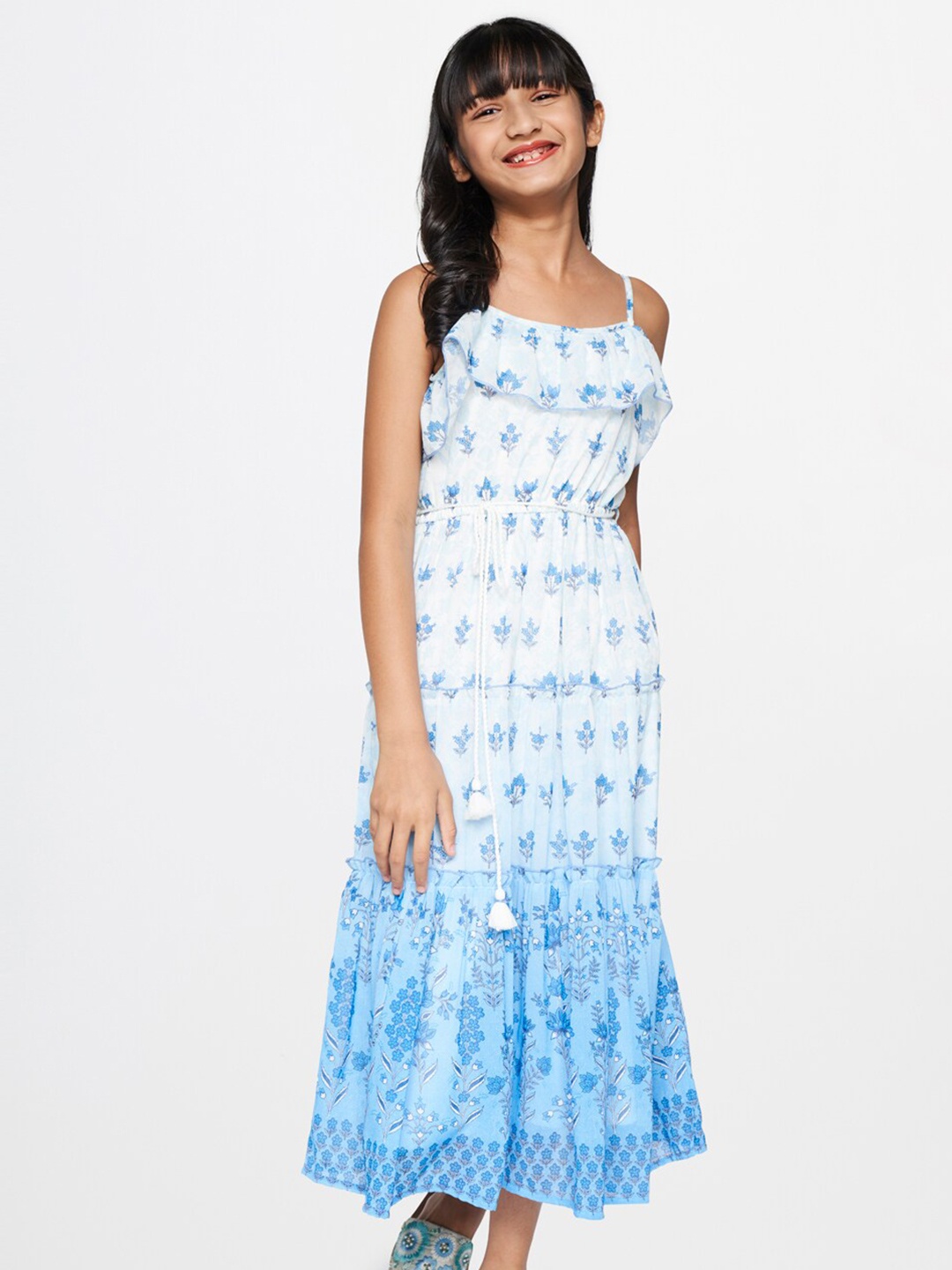 

Global Desi Girls Floral Printed Ruffled A-Line Midi Dress, Blue