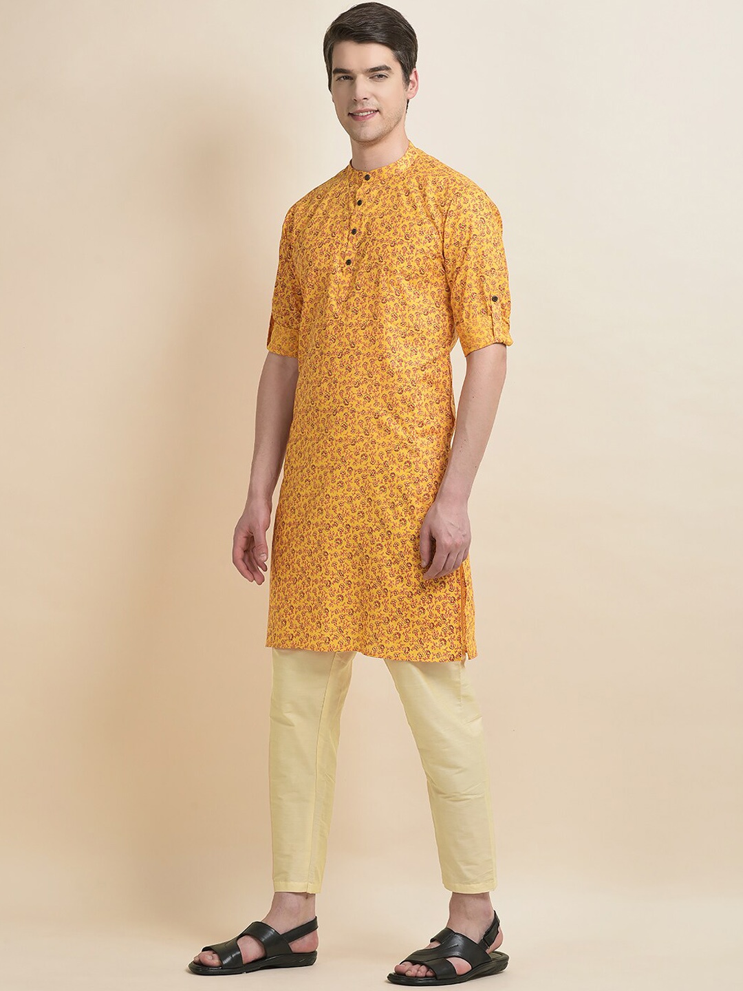 

Anouk Ethnic Motifs Woven Design Band Collar Straight Kurta With Pyjamas, Yellow